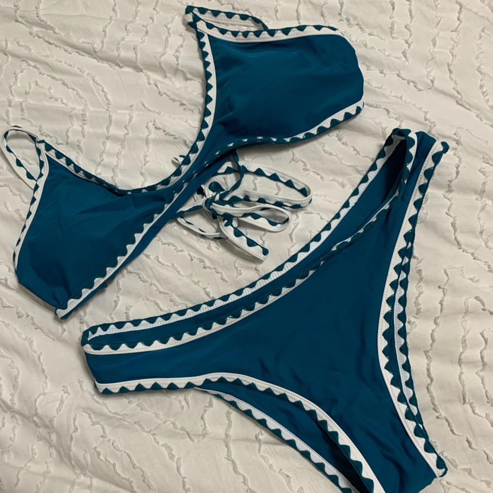 Deep Teal Triangle Bikini Set with White Trim - Women Swim Bikini